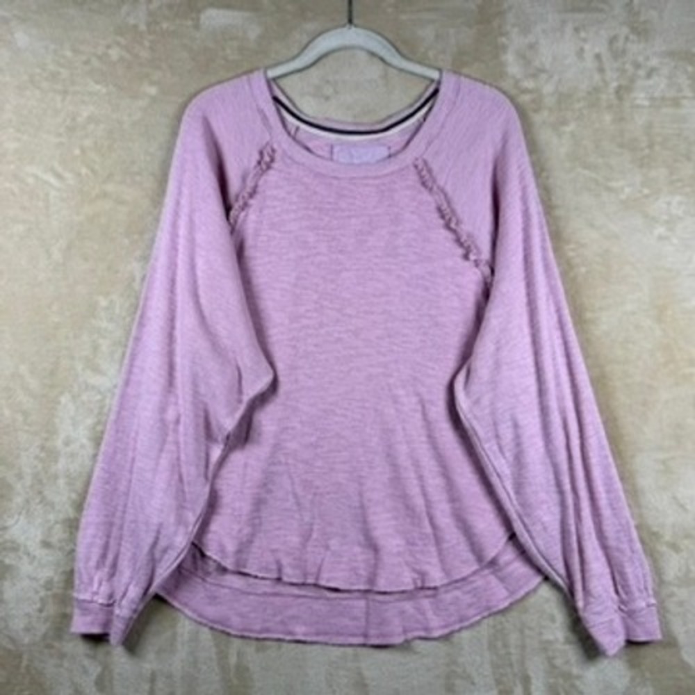 Pilcro Anthropologie Pink Slub Knit Ruffle Trim Long Sleeve Top XL